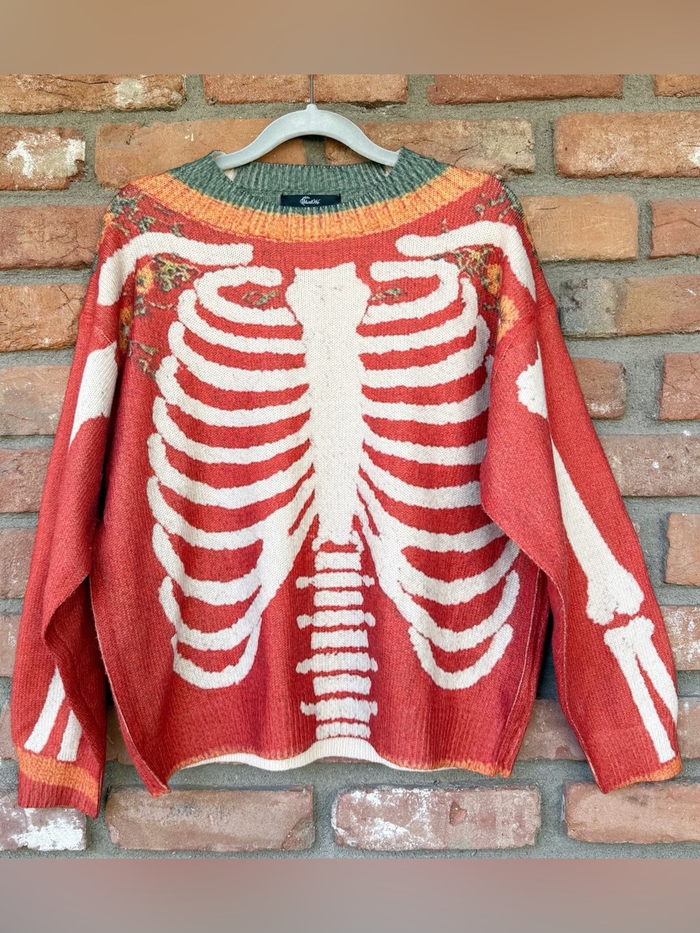 Floral Skeleton Ribcage Knit Sweater Gothic Romantic Halloween Terracotta Orange